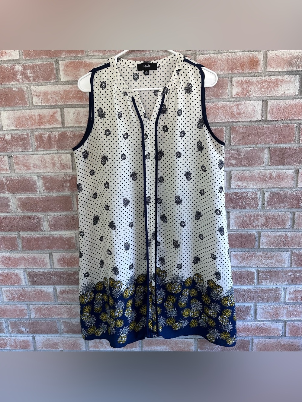 Naif Pineapple Dress Women’s Large Polka Dot Tropical Nautical Resort Cruise